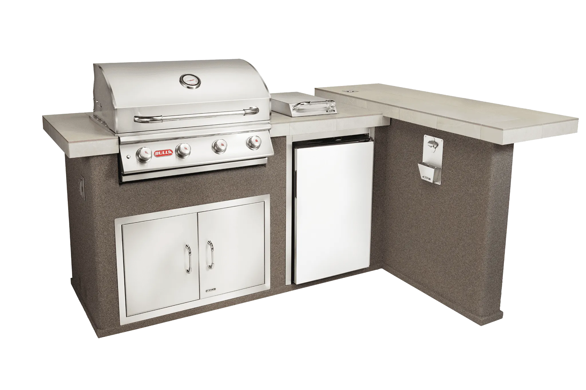 Luxury outdoor kitchen grill island with refrigerator and storage components