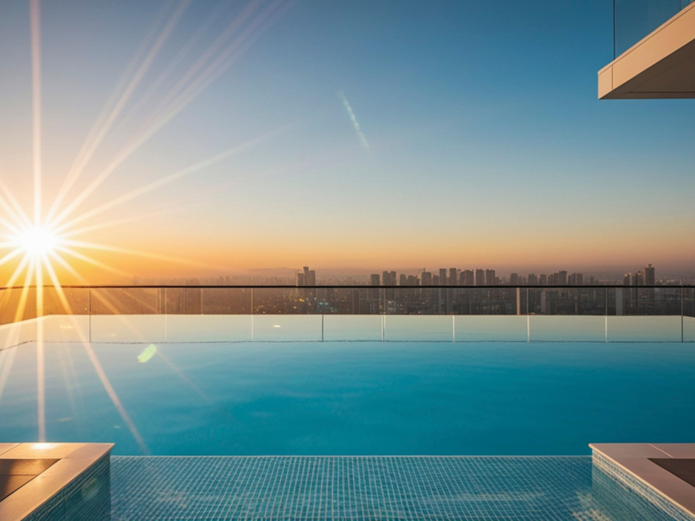 Finished swimming pool with sunset view