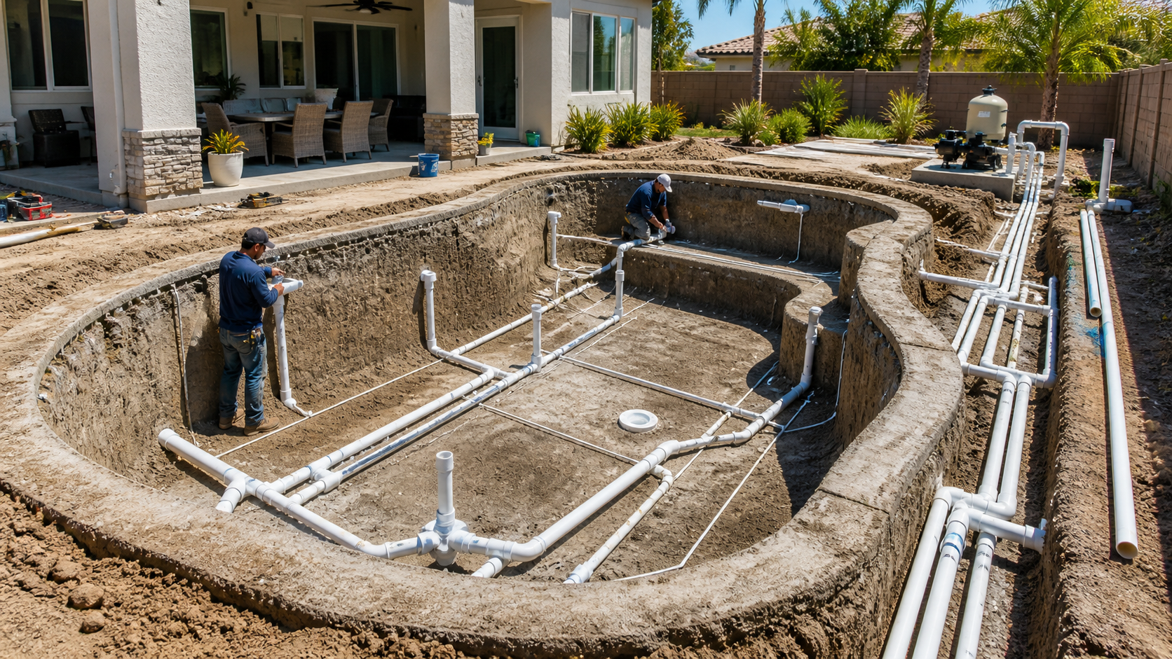 Plumbing lines installed in the excavated pool during construction