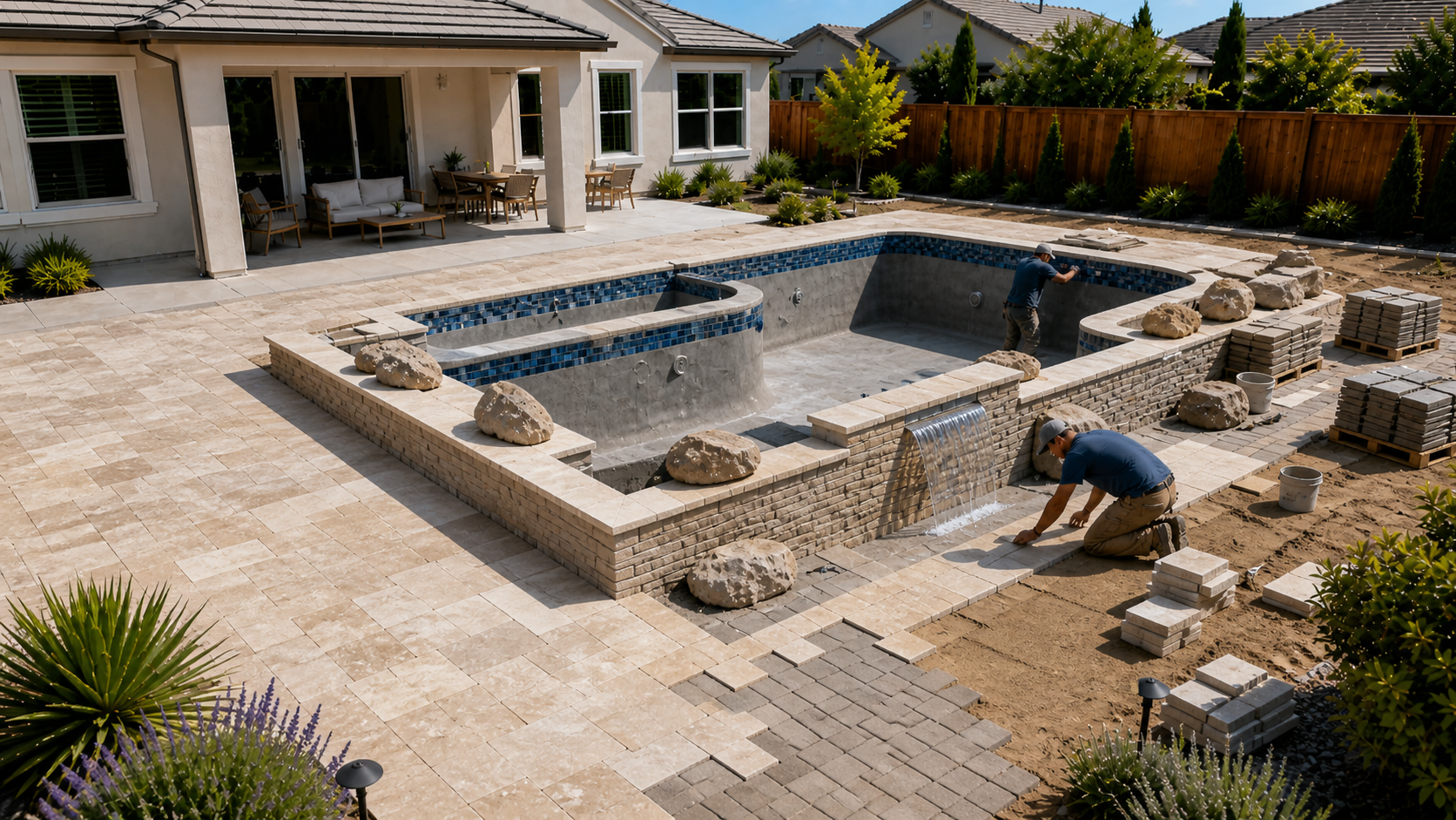 Decking installation with pavers travertine or concrete around the pool
