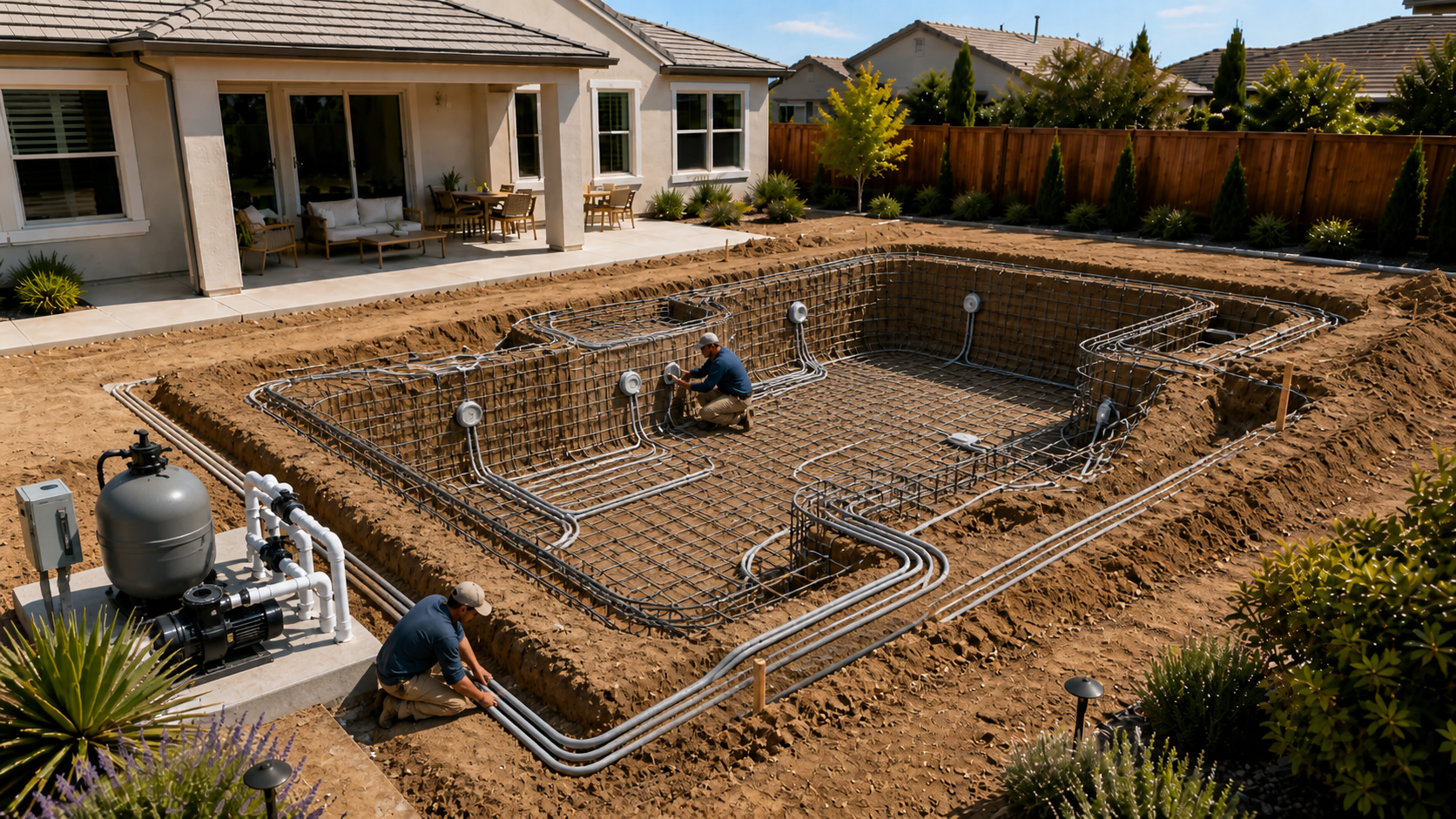 Electrical conduit and pool light conduit during pool construction