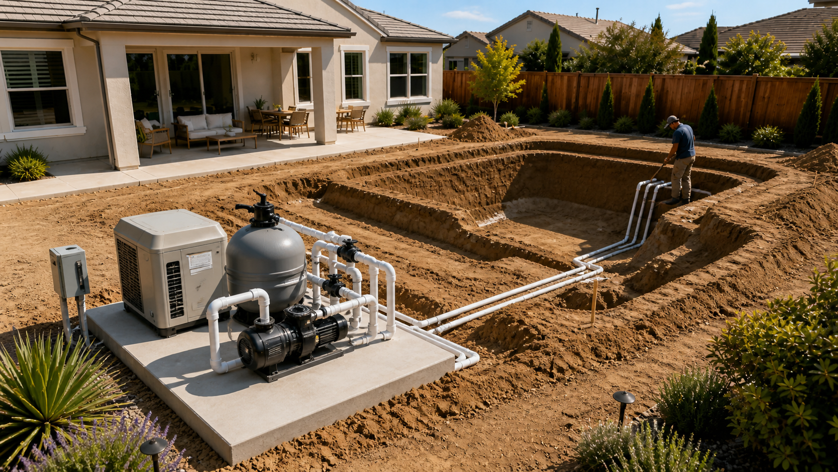 Pool equipment pad with pump filter heater valves and plumbing setup