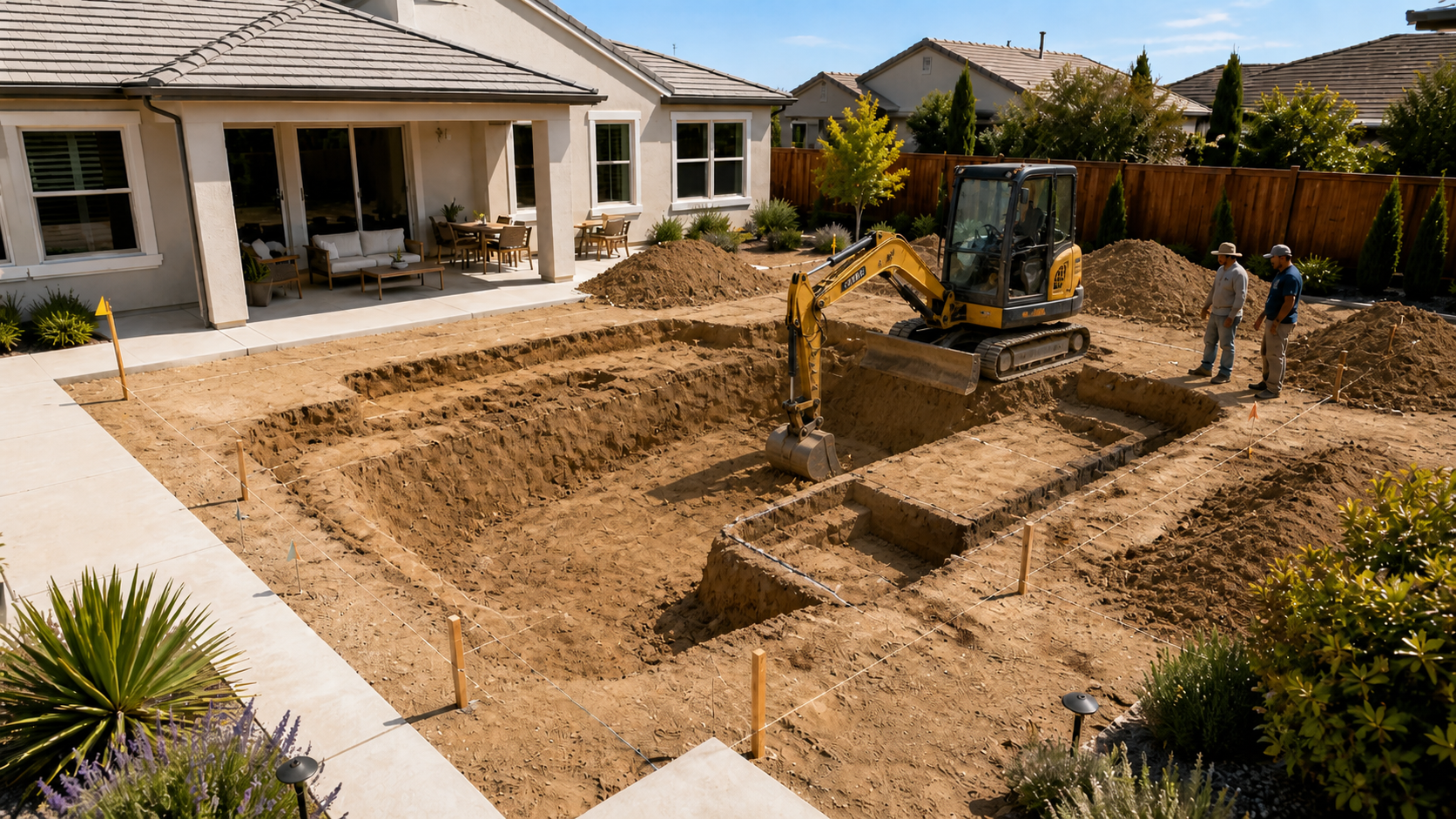 Excavator digging the pool shape during swimming pool construction