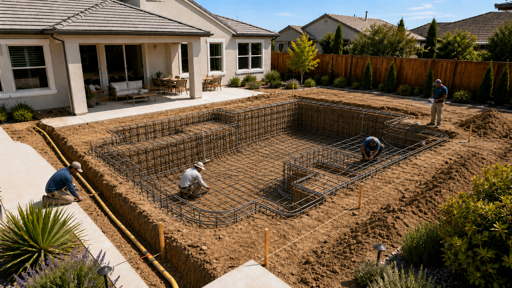 Steel rebar framework installed inside an excavated swimming pool shell
