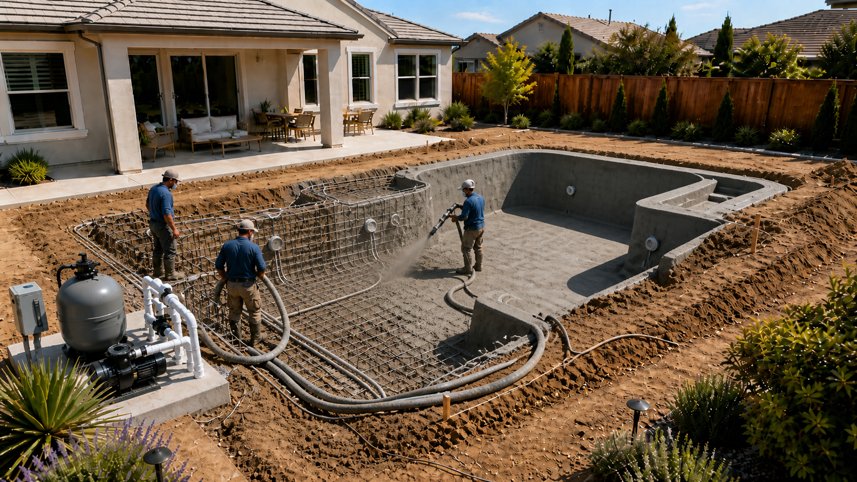 Gunite application and finished gunite shell before pool finish