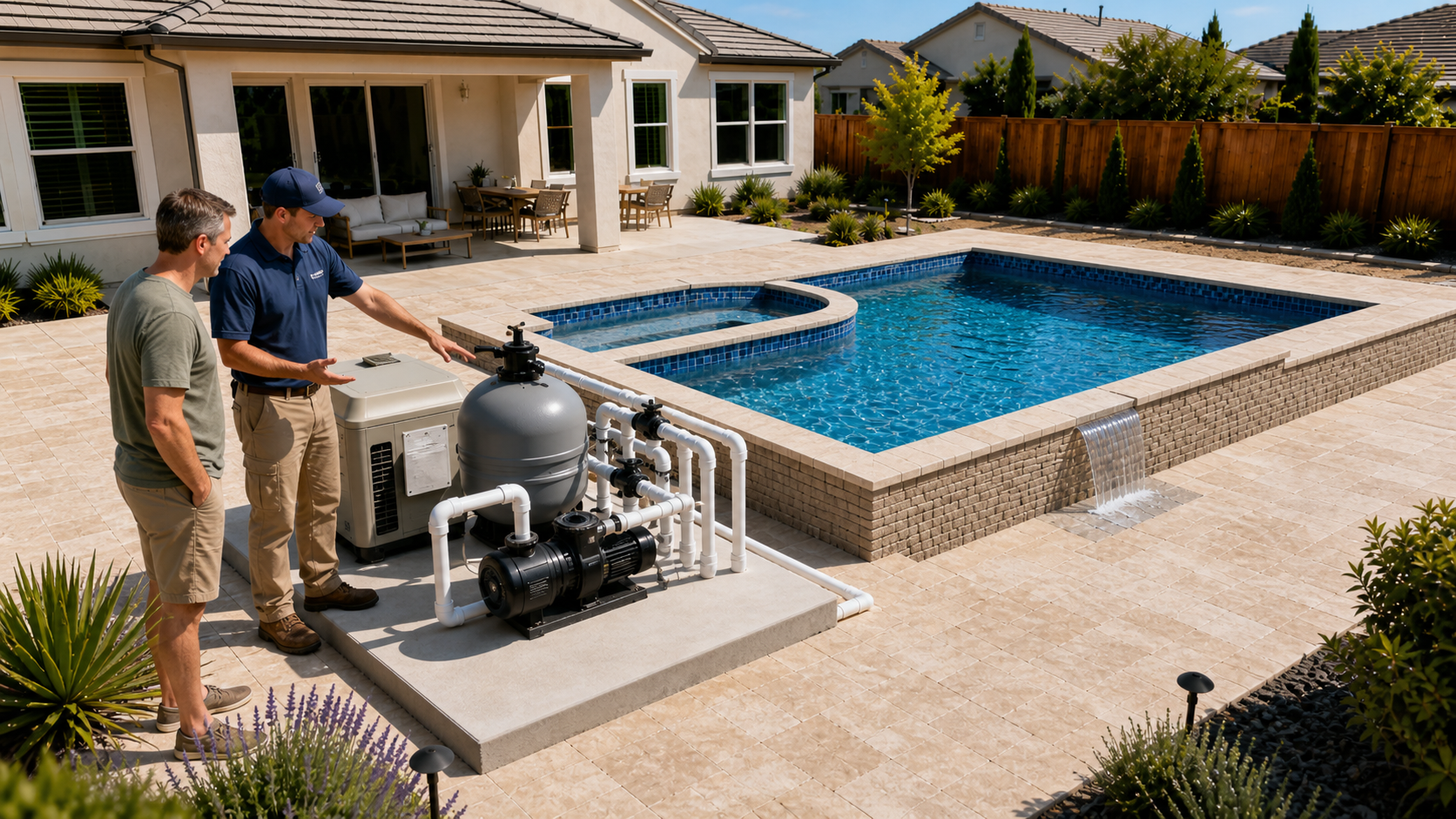 Technician explaining pool equipment to homeowner during final pool orientation