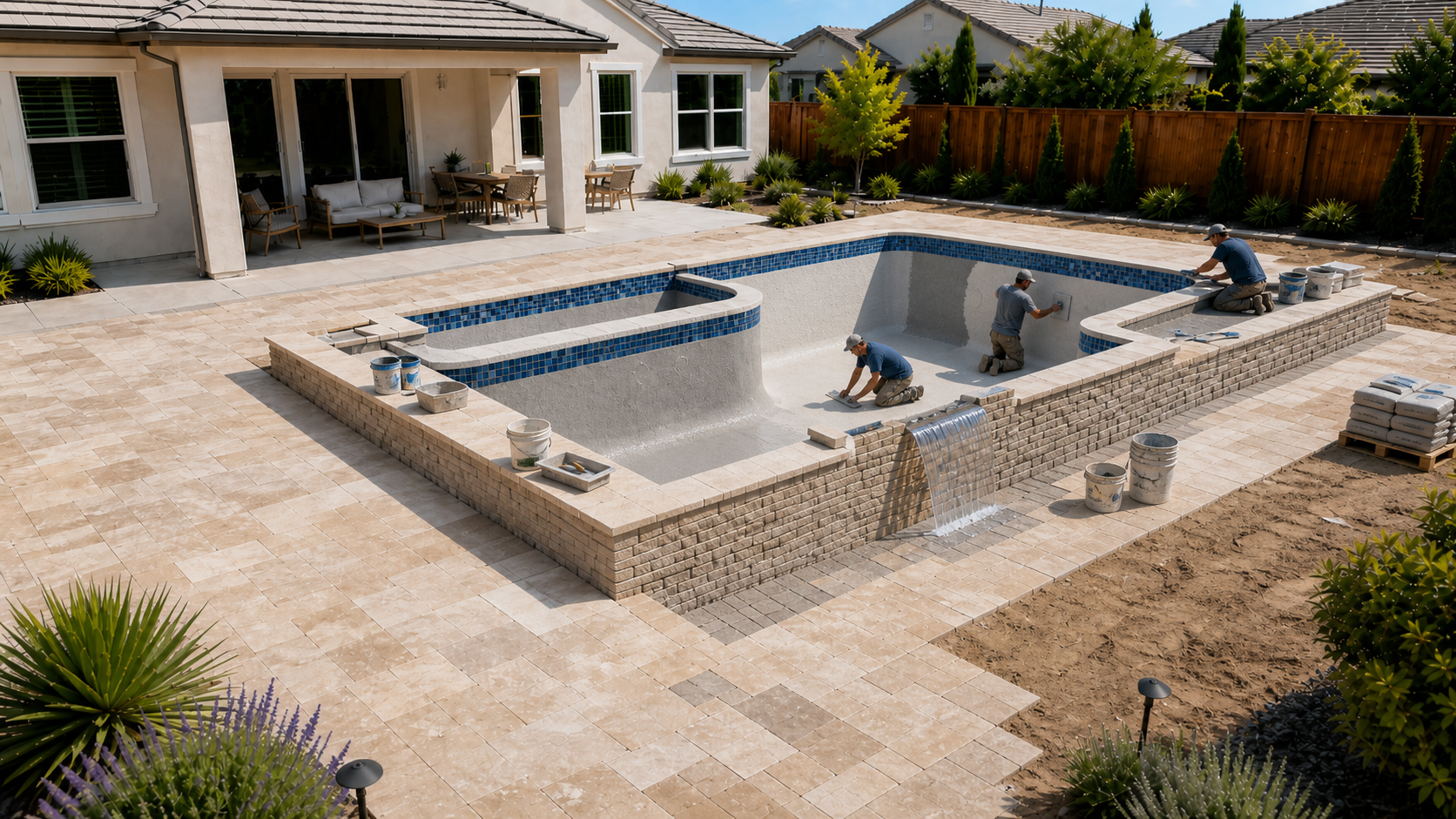 Interior finish and plaster being applied inside a swimming pool