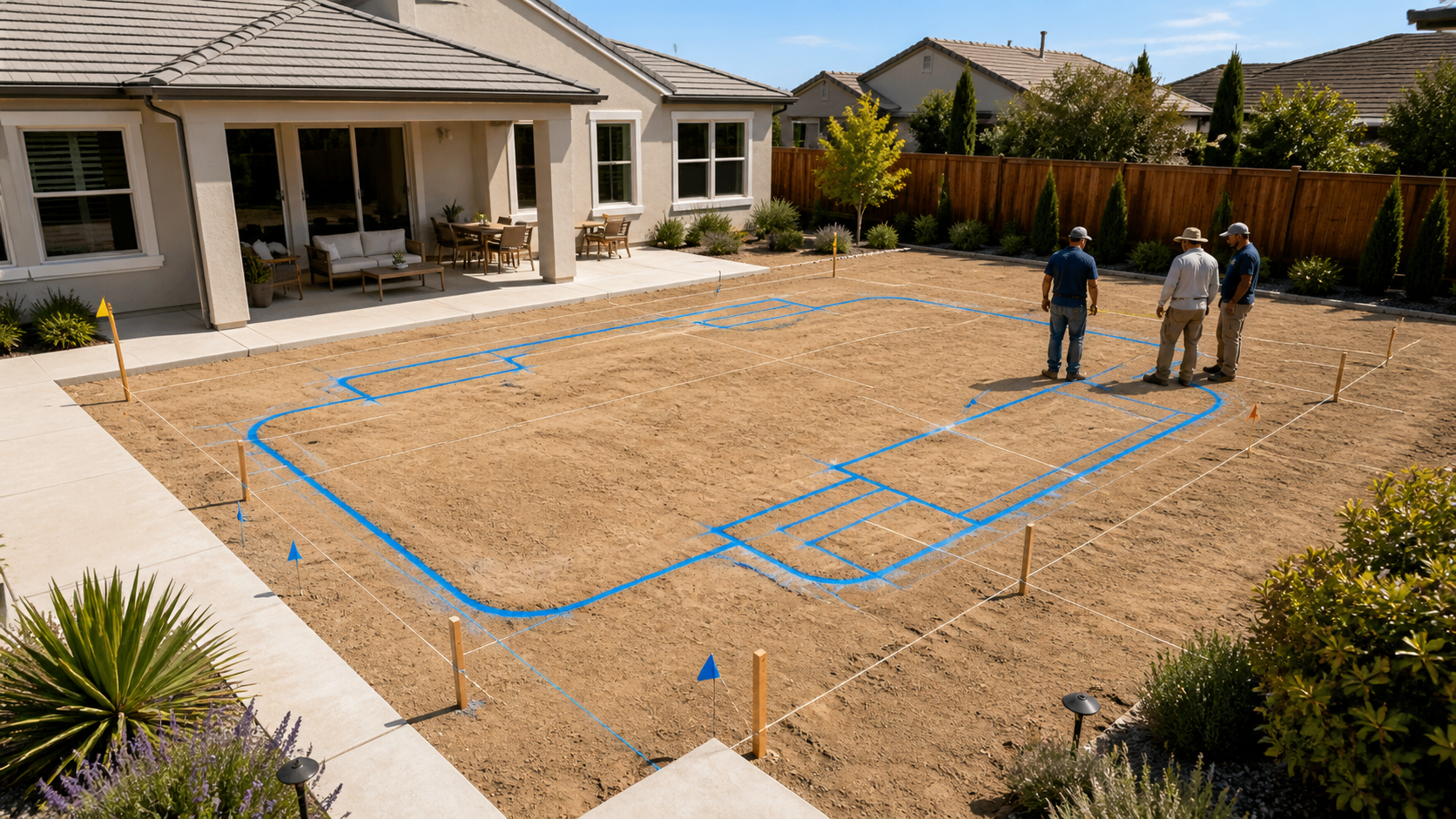 Painted pool outline on dirt before pool construction begins