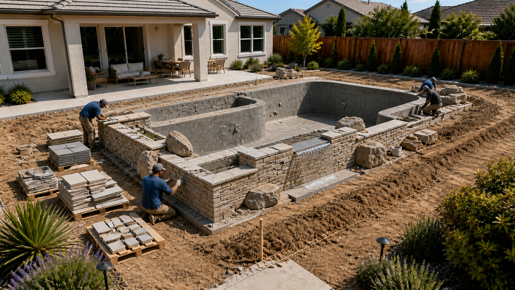 Masonry boulder rock and water feature construction around pool shell