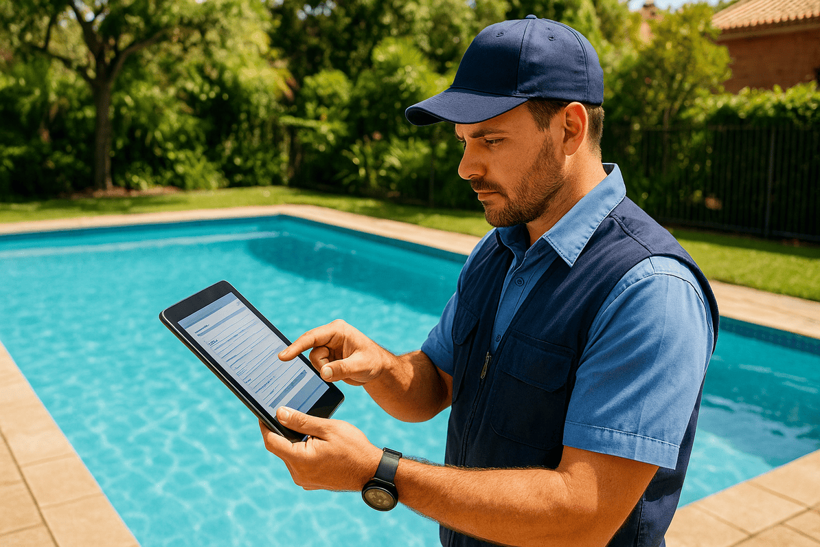 Pool inspector with clipboard or tablet near a swimming pool