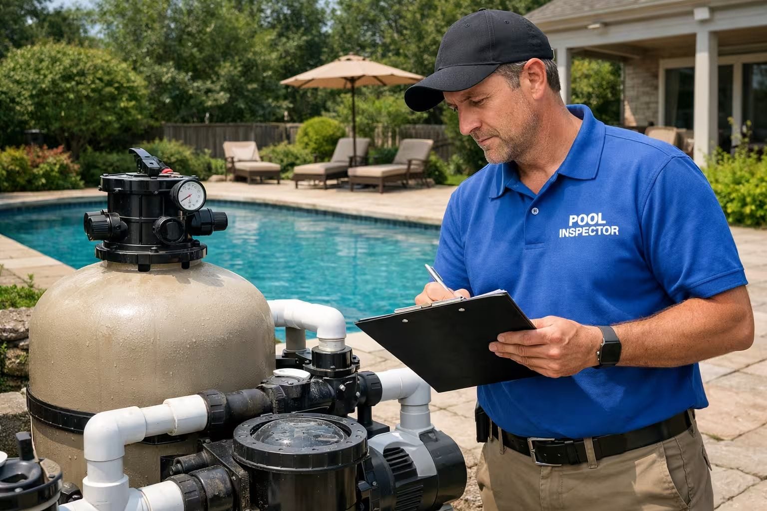 Technician inspecting pool surface tile and coping