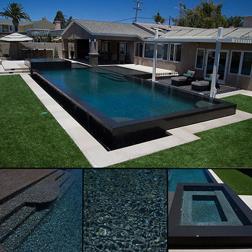 Black pool finish with glass detail and dark porcelain coping