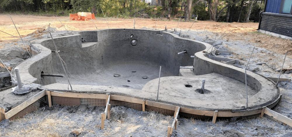 Gunite pool shell structure before the interior pool finish is installed