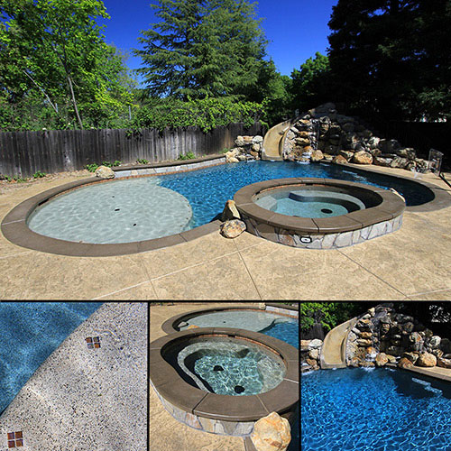 Medium blue pool finish with glass accents and custom water color