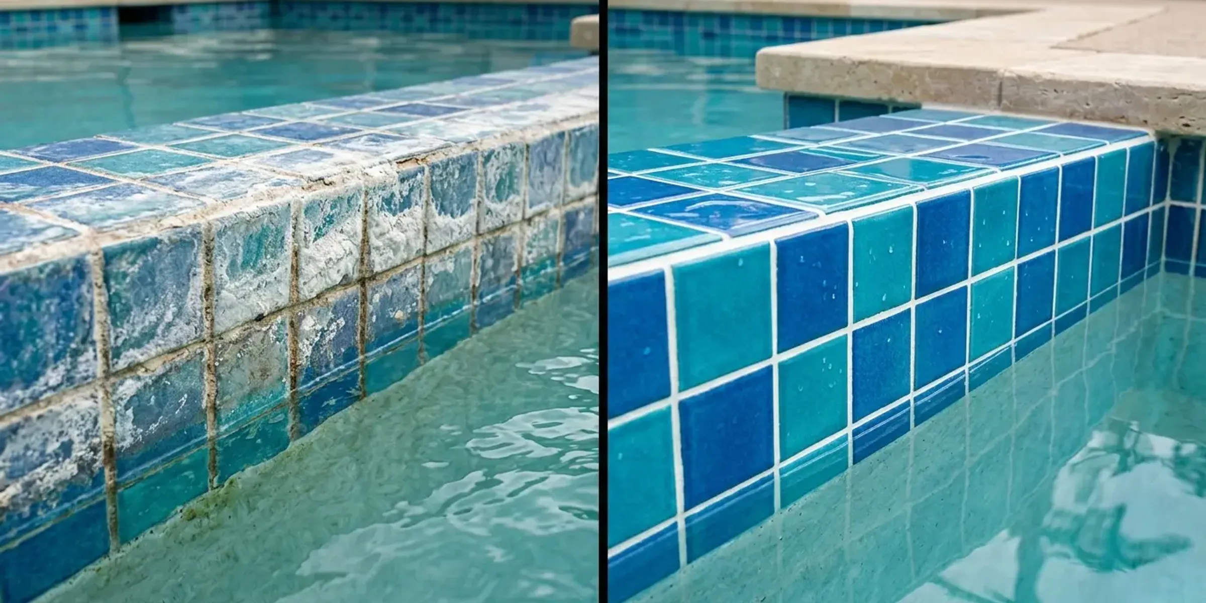 Before and after pool tile cleaning showing calcium buildup removal