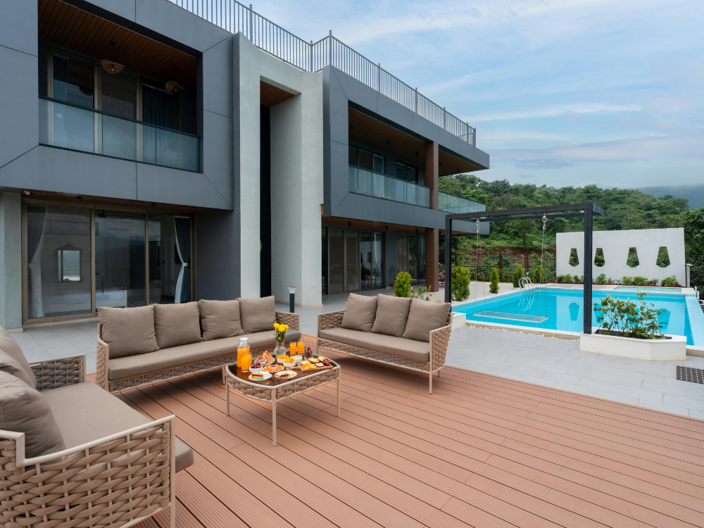 Finished luxury house swimming pool with clear blue water